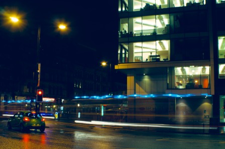 The flashing blue lights of the fire engines gave a slightly different effect than a usual vehicle's headlights would do.